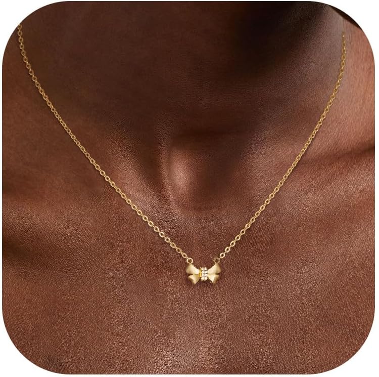 Risamil Store 14K Gold Plated Necklace for Women - Bow Necklace - Dainty Necklace Cute Small Tiny Bow Pendant Choker Chain Necklace Trendy Necklaces for Women Jewelry Gift - Image 1